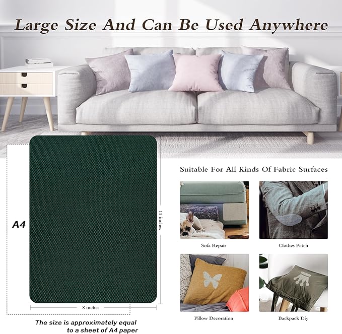 KING MOUNTAIN Coarse Linen Repair Patches, Self-Adhesive Linen Fabric Patches, 8X11 inch, Multi Color, Can be Used for Linen Sofa Repair and Linen Clothes Repair(8" x 11",Dark Green)