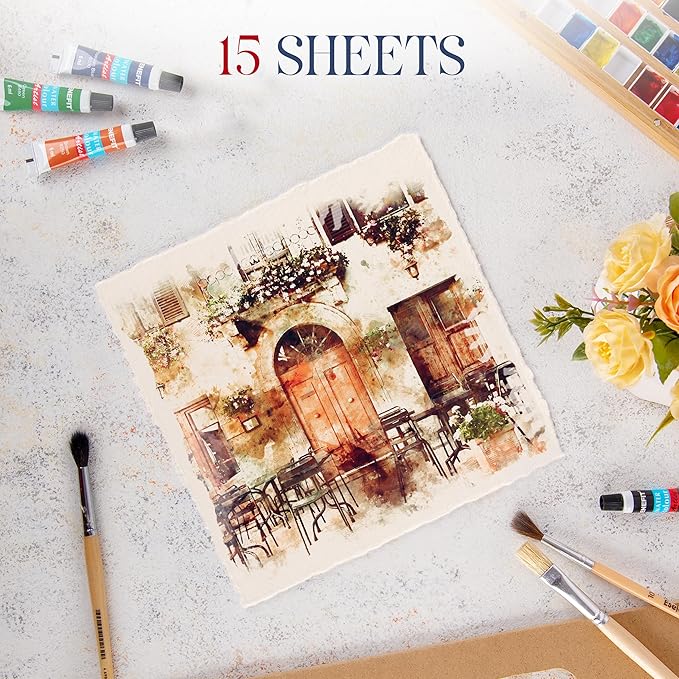 Wanderings Thick Handmade Watercolor Paper with Deckled Edge - 8x8-500GSM Premium Ivory Cold-Pressed Textured Mixed Media Paper Made with Recycled Cotton - 15 Loose Leaf Sheets