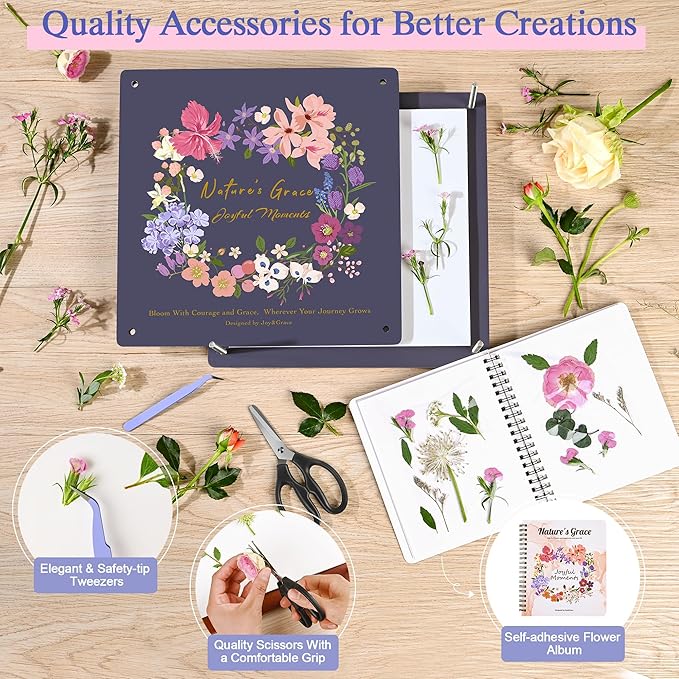 Joy&Grace Flower Press Kit for Adults & Kids, with Designed Cover and DIY Album, 10.9" x 10.9" 10 Layers Flower Preservation Kit, Plant Press and Large Plant Drying Toolkit (Color Box, Purple Navy)