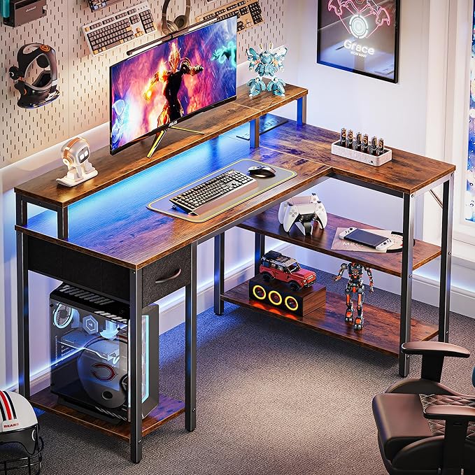 SUPERJARE 47 inch Reversible L Shaped Desk with LED Lights & Power Outlets, Computer Desk with Shelves & Monitor Stand, Gaming Desk with Drawer, Home Office Desk Corner Desk, Rustic Brown