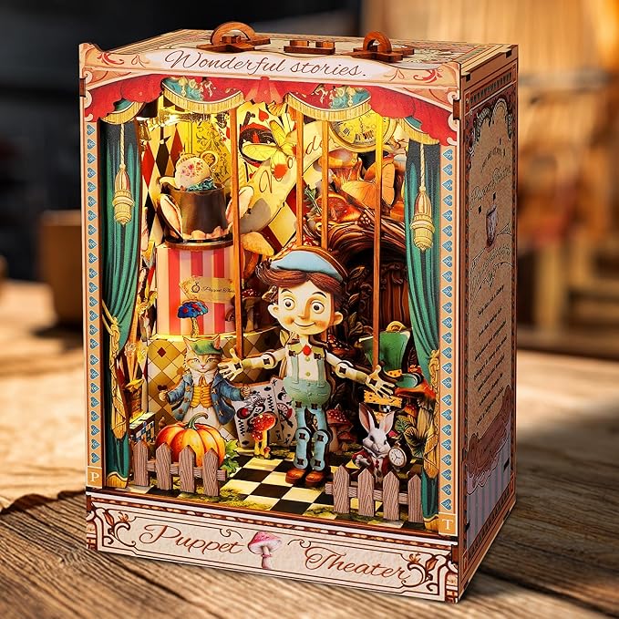 LED 3D Wood Puzzle Puppet Theater Book Nook Kit - Interactive Miniature DIY Bookshelf Insert with Movable Puppets - Creative Fantasy Scene Home Decor Gift(Puppet Theater)