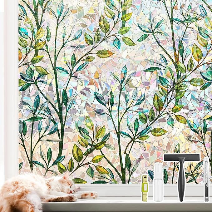 NINETREX Stained Glass Window Film 3D Decorative Cling, Sun Blocking Static Cling Removable Film for Glass Door, Home Decor Window Cover Non-Adhesive 35.4 x 157.4 inches, Leaf