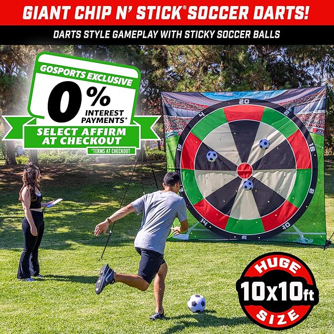 GoSports 10 FT Chip N' Stick Soccer Darts - Giant Kick Darts Game for Kids & Adults - Includes 4 Sticky Soccer Balls, Tote Bag, & Carry Case