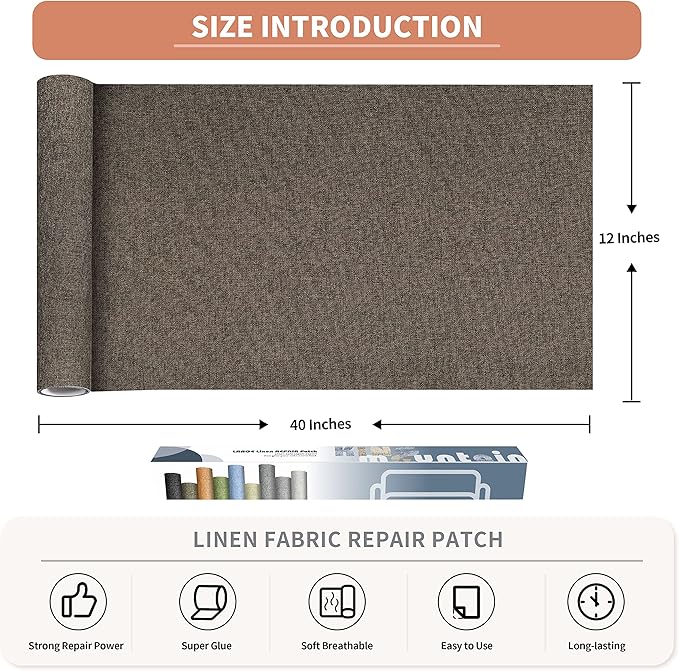 Fine Linen Fabric Patches, Self-Adhesive, Extra Large 12x40 Inch, Multi Color, for Sofa & Clothes Repair