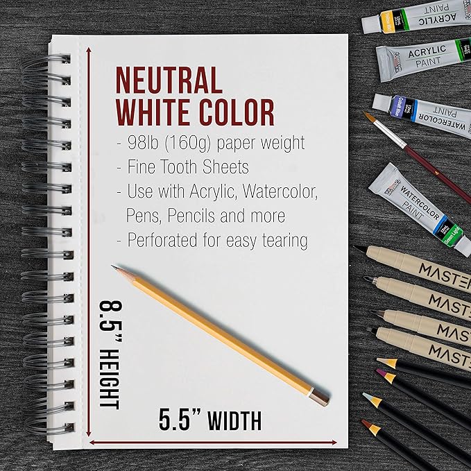 U.S. Art Supply 5.5"x8.5" Mixed Media Sketchbook, 2 Pack (60 Sheets), 98 lb (160 GSM) - Spiral-Bound Pad with Perforated Acid-Free Paper - Artist Sketch Book for Drawing, Painting, Watercolor