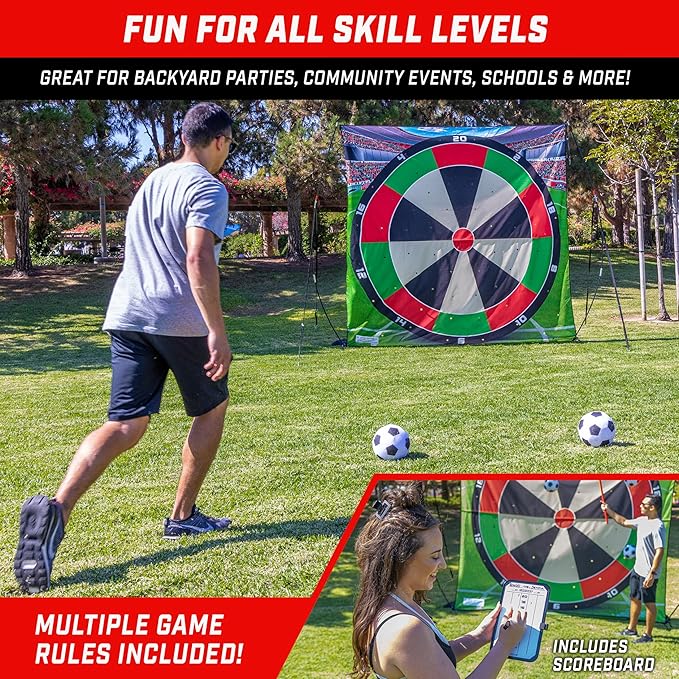 GoSports 10 FT Chip N' Stick Soccer Darts - Giant Kick Darts Game for Kids & Adults - Includes 4 Sticky Soccer Balls, Tote Bag, & Carry Case